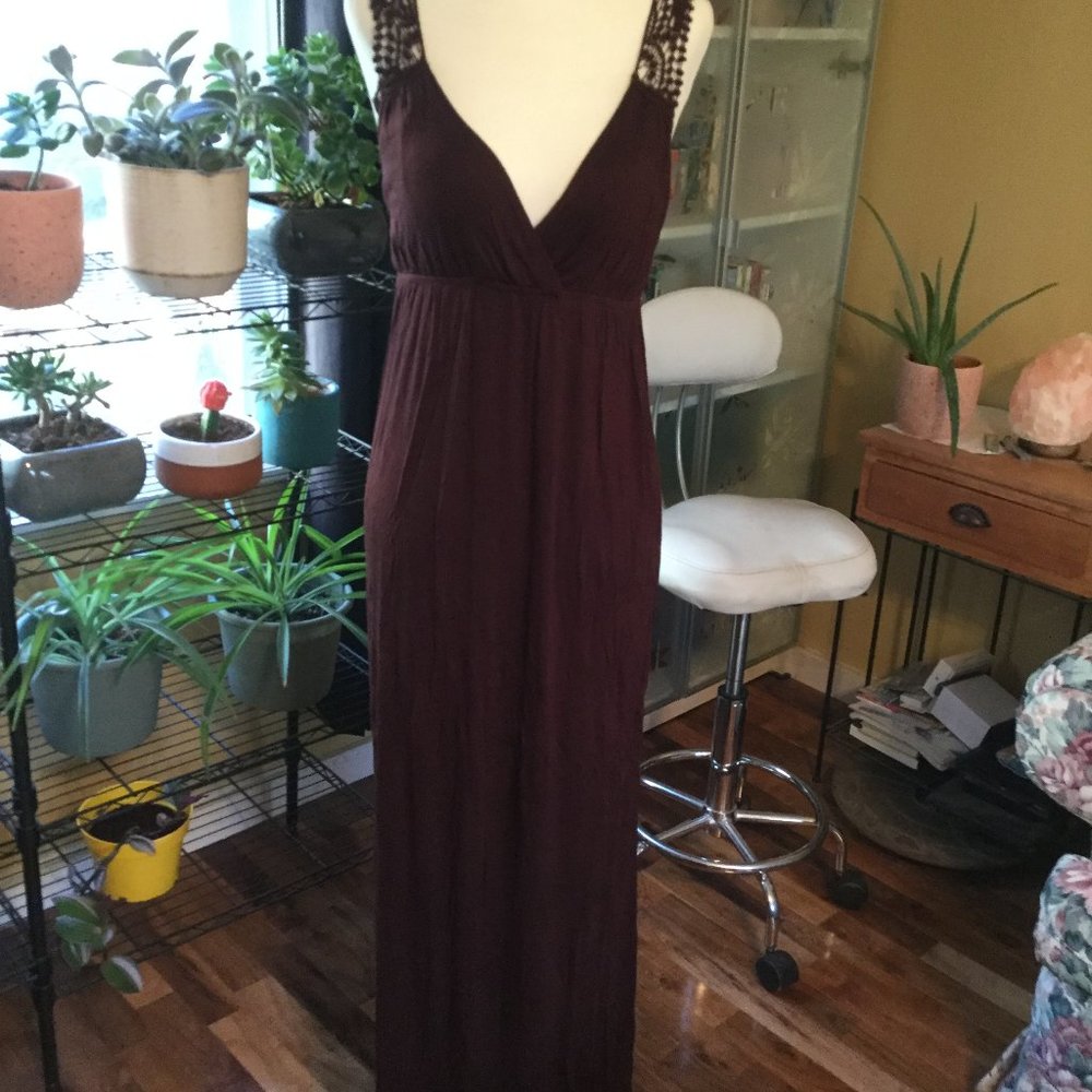 Peace & Love  brown maxi dress with crocheted lace details measures 15 pit 2 pit